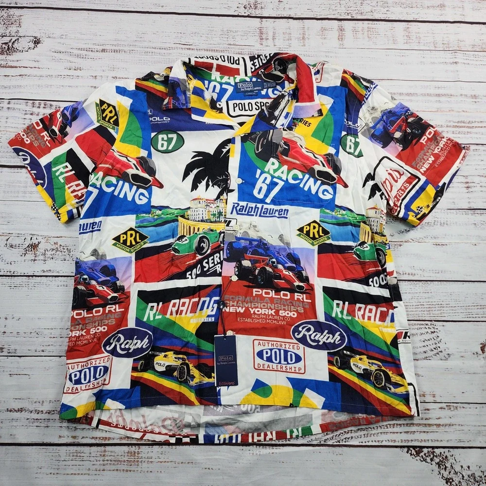 Polo Ralph Lauren Classic Fit Men's XXL Racing Graphic Rayon Camp Shirt NWT